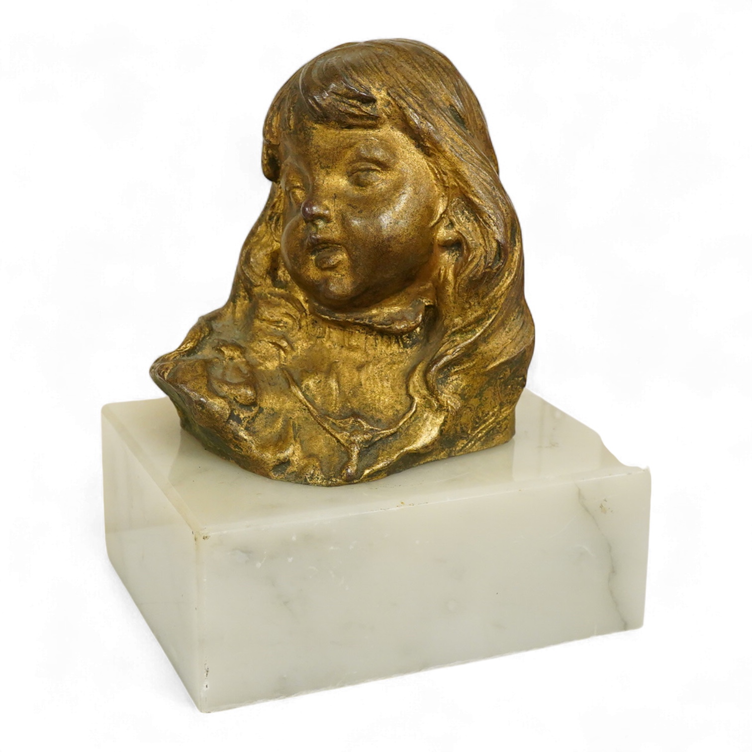 A late 19th century gilt bronze bust of a girl, indistinctly signed, raised on marble base, 16cm high